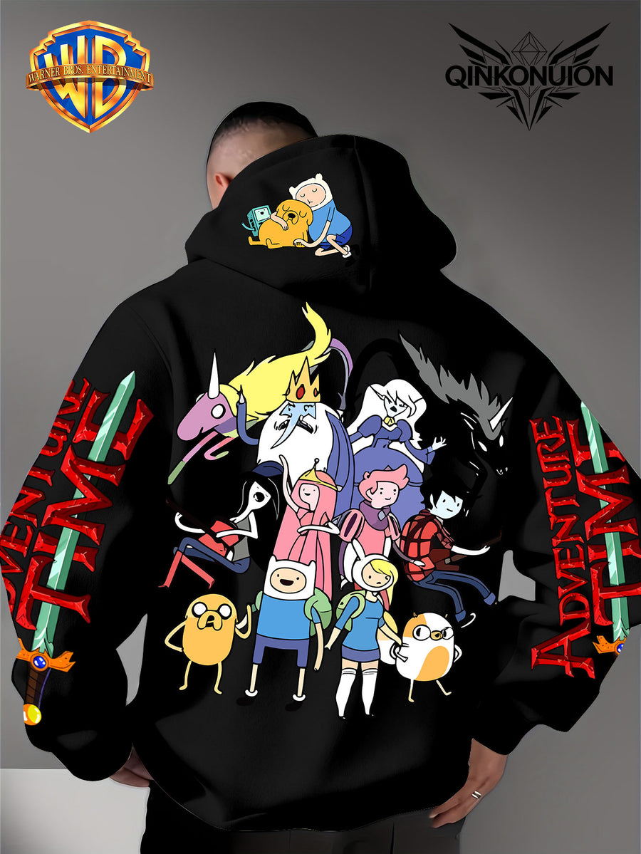 Warner Official Men's Hoodie, Adventure Treasure Full Character Gathering Adventure Print Design, Machine Washable, Warm and Casual for Autumn and Winter, Daily Drawstring Hoodie, Multifunctional Sports and Casual Loose Fit - Black