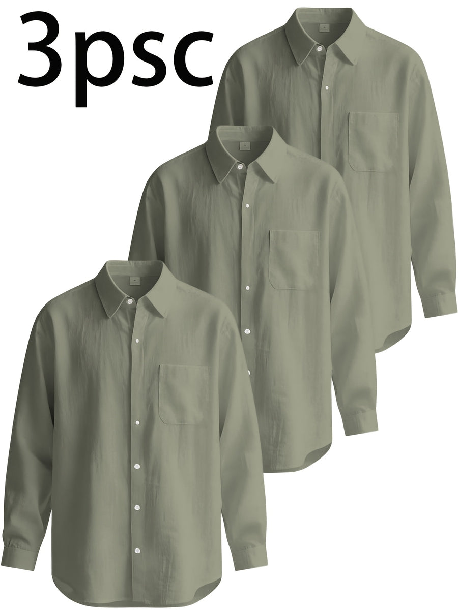 3pcs Men'S Casual Linen Shirts, Long Sleeve Button Tops with Chest Pocket, Lightweight Solid Color Shirts for Daily And Vacation - fern green