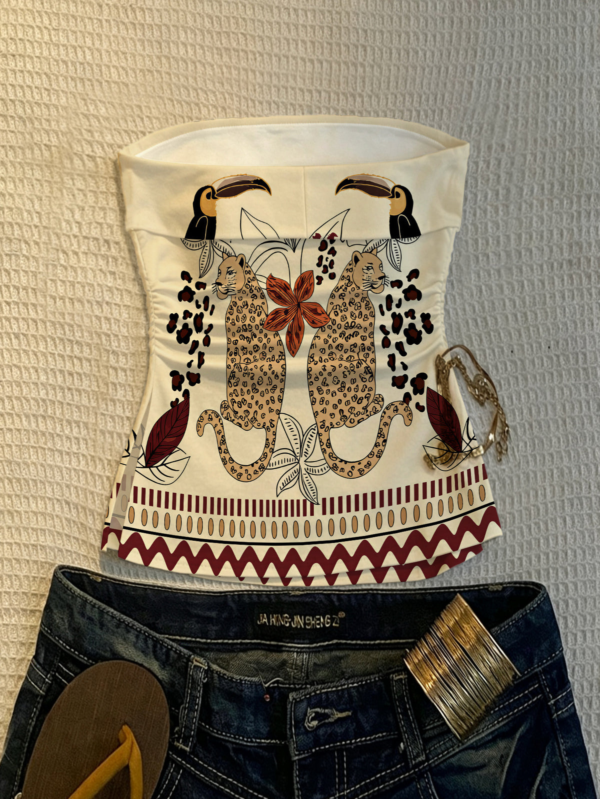 Women'S Tropical Leopard Toucan Print Bandeau Top, Fitted Side Slit Short Vest, Summer Vacation Y2K Style Sleeveless Tight Bustier - Apricot
