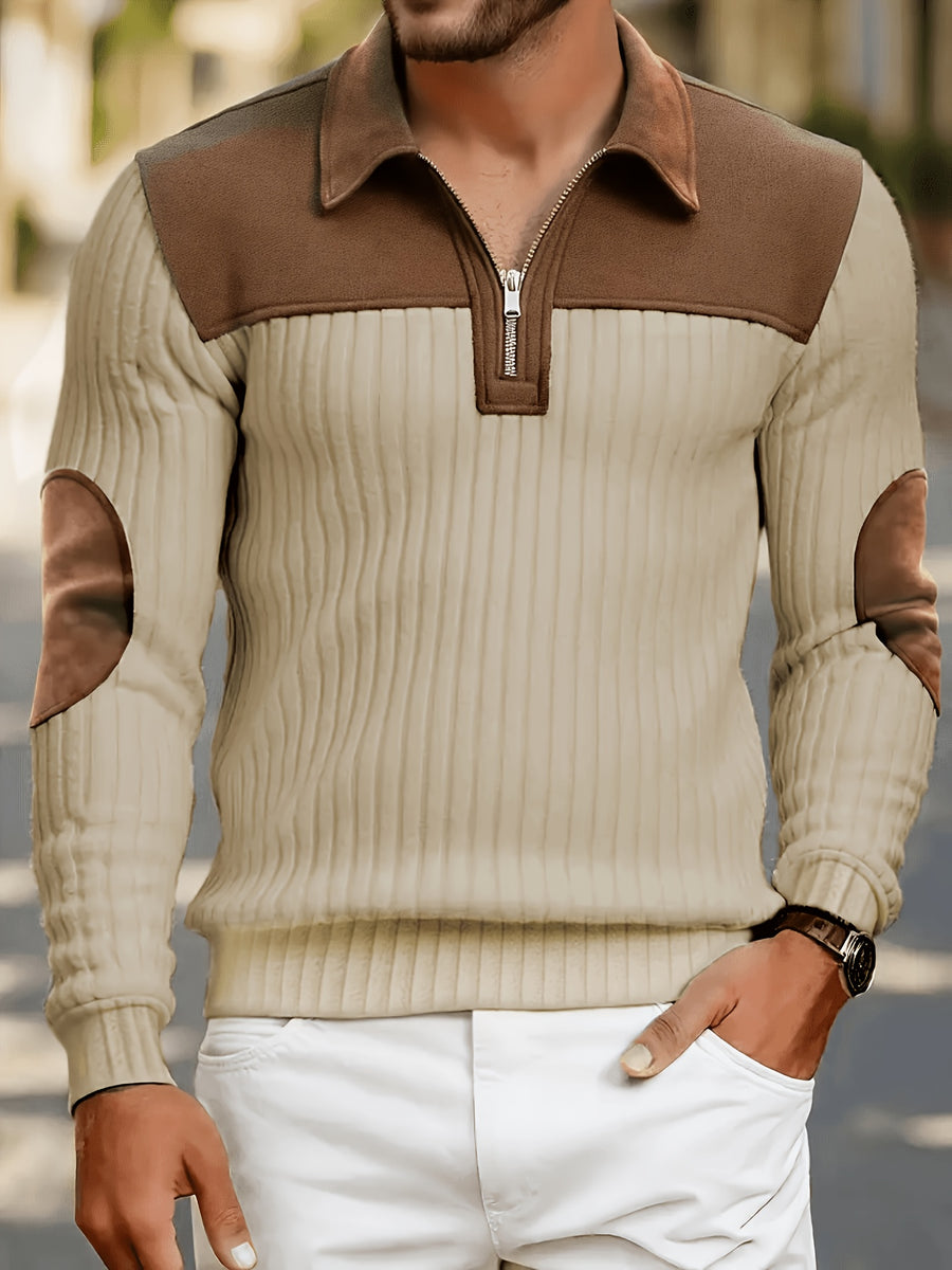 New Christmas Men's Autumn/Winter Brushed Ribbed Cable Knit Sweater, Casual Color-Block Long Sleeve Patchwork Plush Sport Henley Zip-Up Top - Khaki