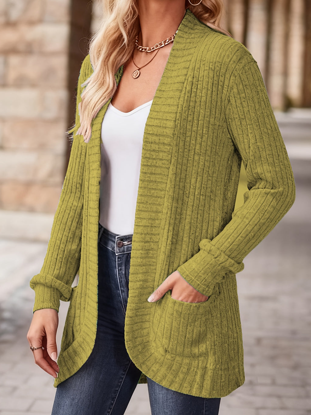 Women's Solid Color Brushed Casual Spliced Long Sleeve Cardigan - Yellow-green
