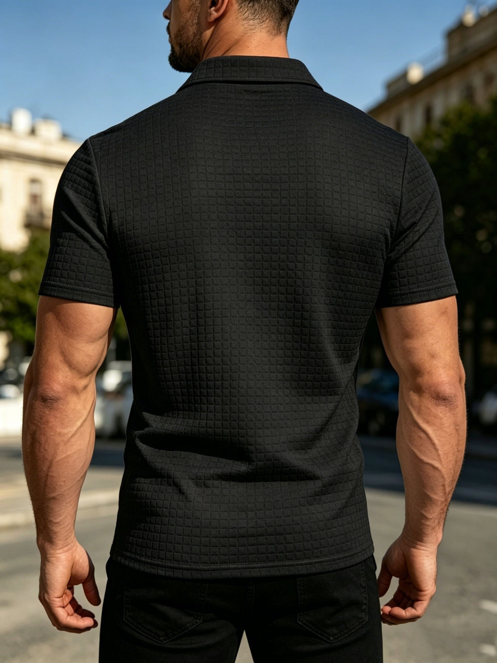 Men'S Waffle Polo Shirt, Zipper Collar Design Short Sleeve T-Shirt, Summer Casual Daily Commute Versatile Top - Black