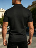 Men'S Waffle Polo Shirt, Zipper Collar Design Short Sleeve T-Shirt, Summer Casual Daily Commute Versatile Top - Black