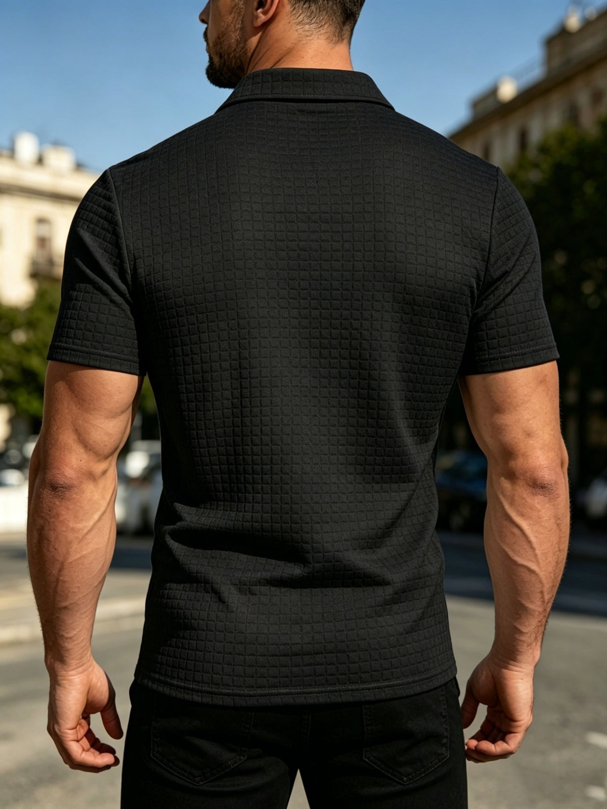 Men'S Waffle Polo Shirt, Zipper Collar Design Short Sleeve T-Shirt, Summer Casual Daily Commute Versatile Top - Black
