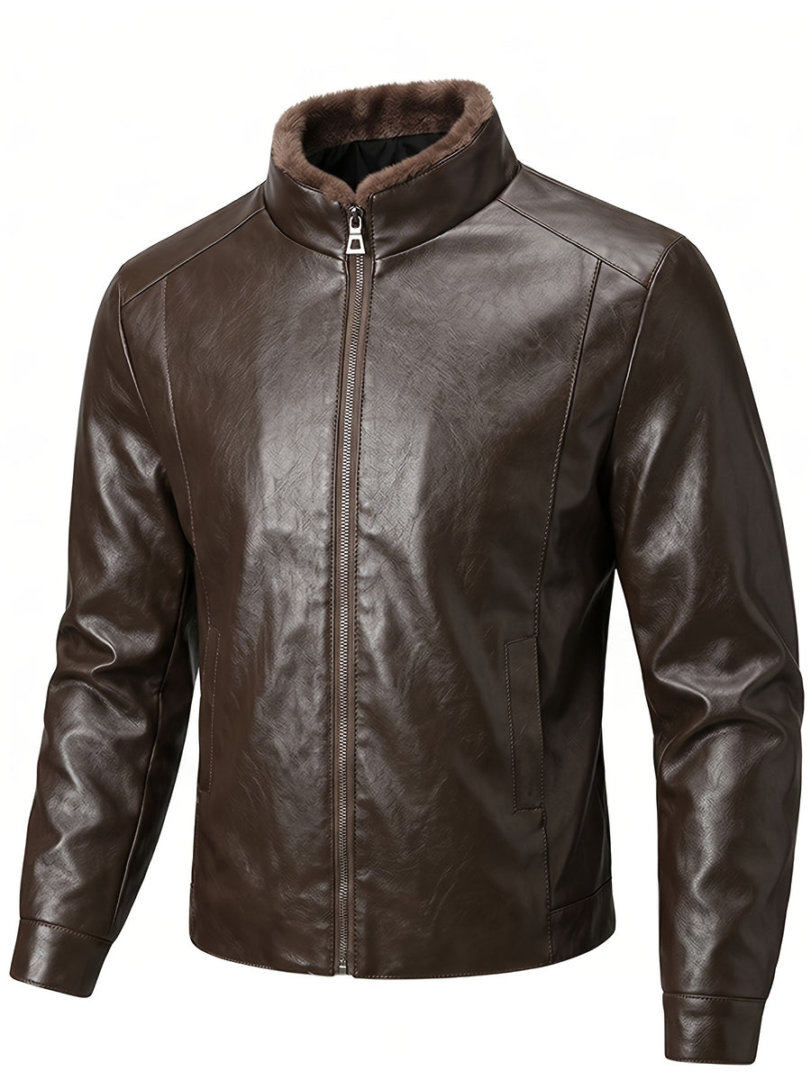 [Pearson OBM] Autumn Winter Men'S Faux Leather Jacket Casual All-Match Warm Zippered Faux Leather Jacket Outdoor Casual Top - Coffee Color