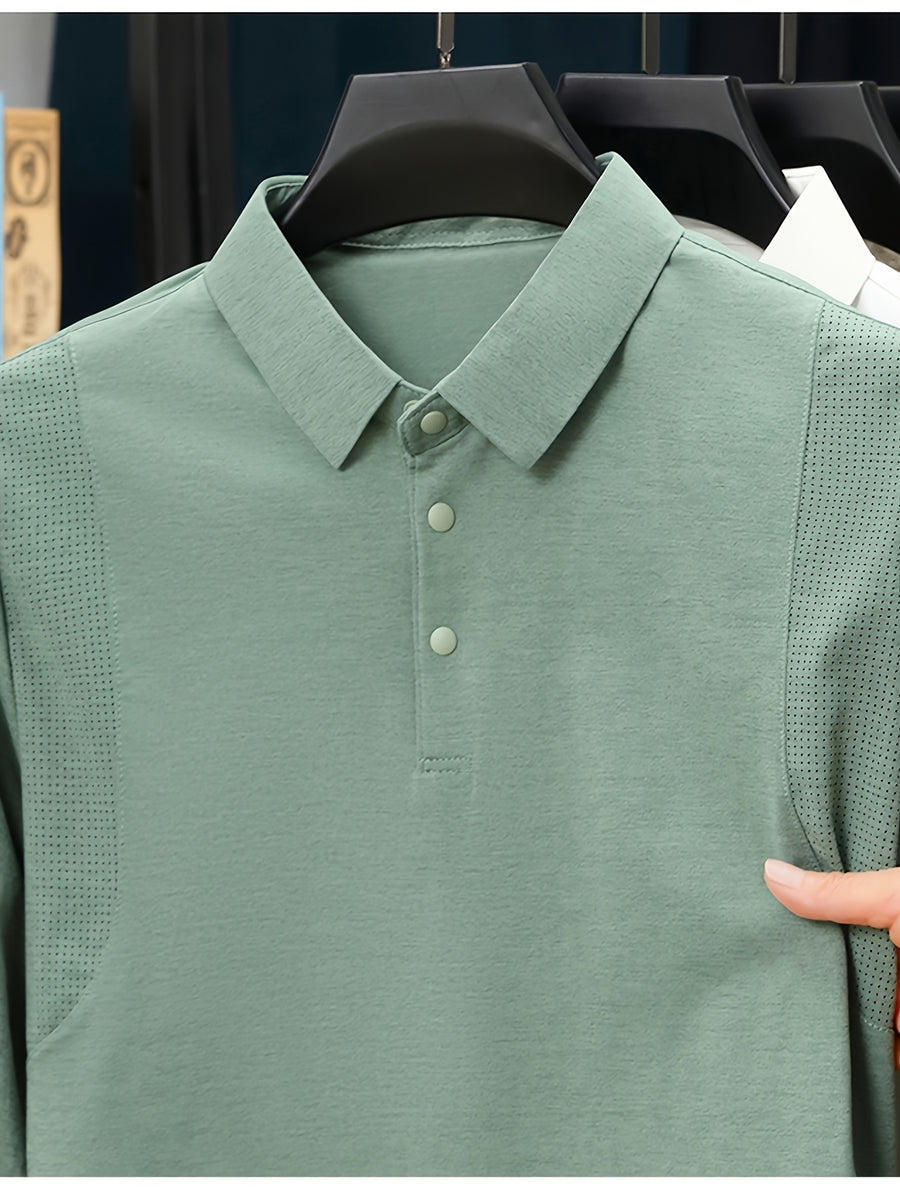 Men'S Lapel Long Sleeve Polo Shirt, Shoulder Mesh Texture Patchwork, Solid Color Minimalist Clean Cut Top, Office Commute, Outing Fishing, Home Casual Loose Men'S Long Sleeve T-Shirt - Green