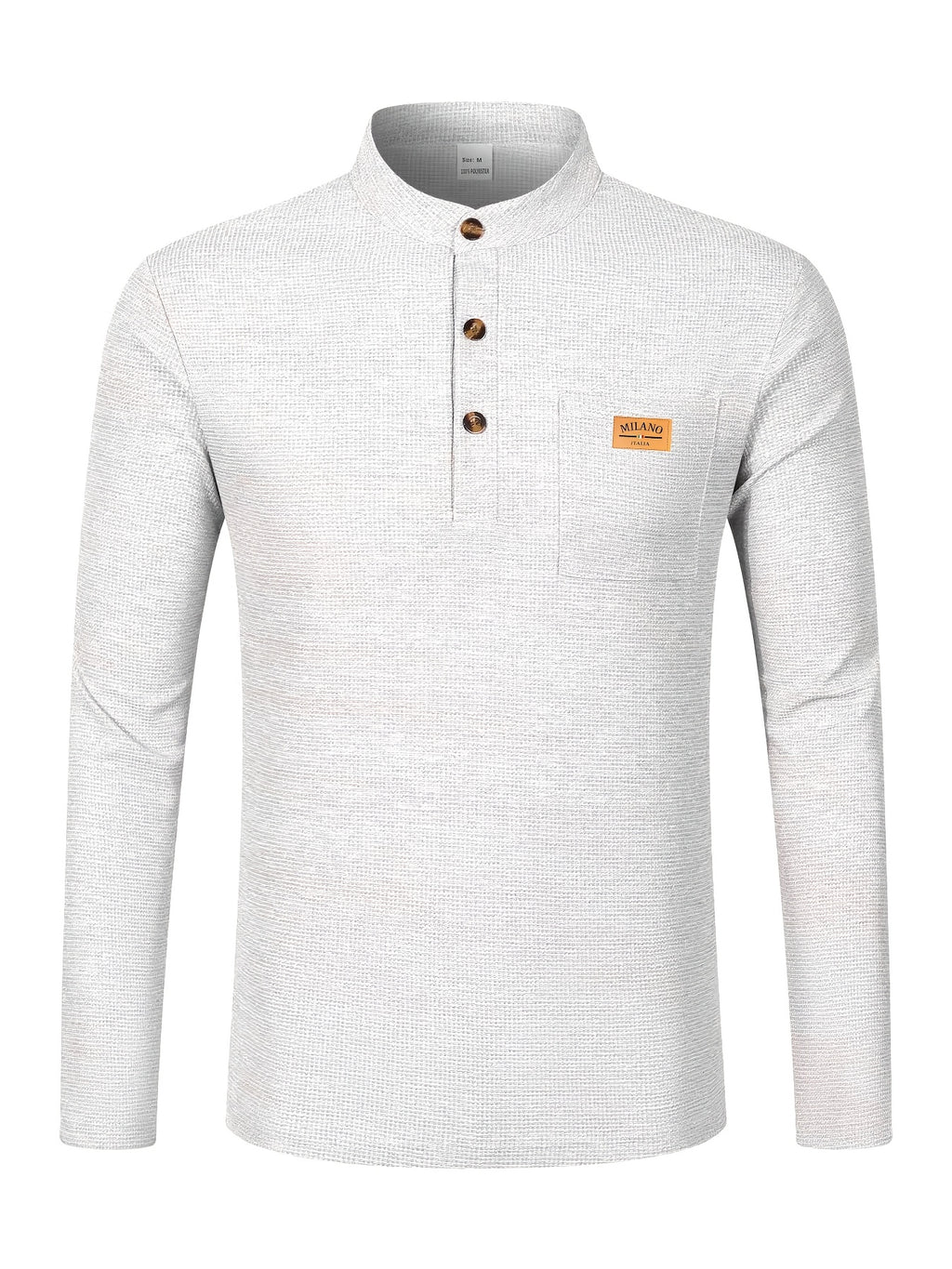 Maqiqi OBM Men's Fashion Waffle Knit Long Sleeve Henley Shirt, Stand Collar Button-Up Top with Chest Pocket and Positioned Printed LOGO, Casual Regular Fit Solid Color Spring/Autumn Daily Top - White