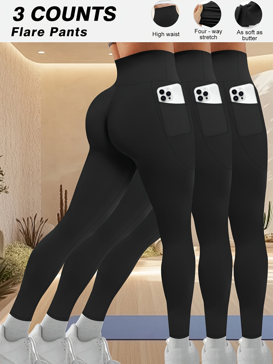 Plus Size - Plus Size - Set of 3 Plus-Size High-Waisted Tight Leggings for Women, Suitable for Outdoor And Workouts. The Fabric Is Highly Elastic, Providing Tummy Control And a Effect. Features Side Pockets for Phone Storage - 3 Black