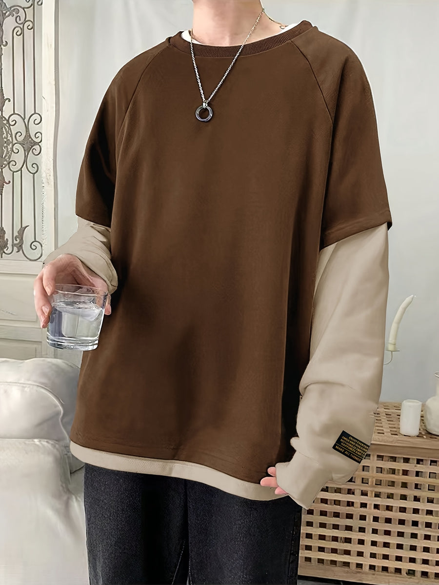 Spring/Autumn Round Neck 2-in-1 Look Long Sleeve Sweatshirt for Men, Loose Fit Versatile Casual Contrast Color Top - Khaki