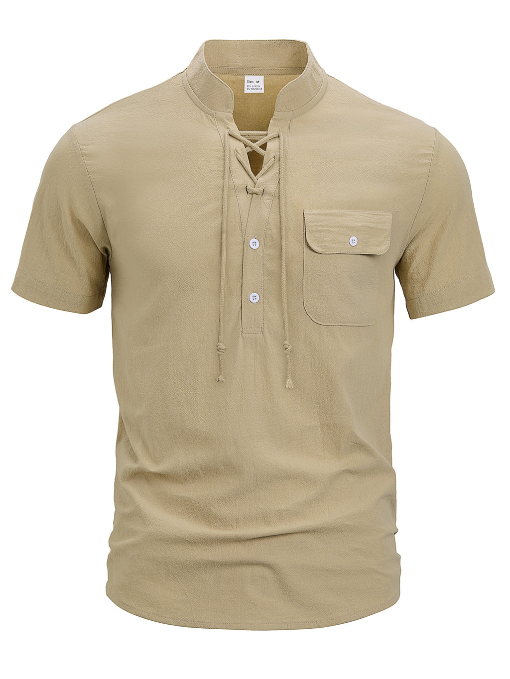 New Men'S Lace-Up Henley T-Shirt, Stand Collar Short Sleeve Casual Pullover with Adjustable Drawstring Neckline And Flap Chest Pocket, Lightweight Relaxed Fit Top for Beach Vacations, Travel, Outdoor Leisure And Everyday Wear - Khaki