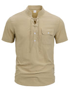 New Men'S Lace-Up Henley T-Shirt, Stand Collar Short Sleeve Casual Pullover with Adjustable Drawstring Neckline And Flap Chest Pocket, Lightweight Relaxed Fit Top for Beach Vacations, Travel, Outdoor Leisure And Everyday Wear - Khaki