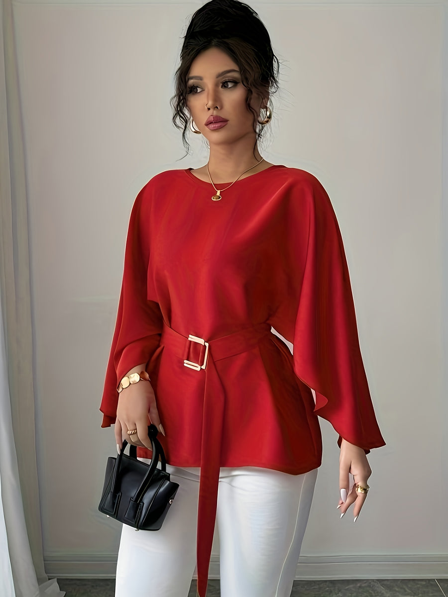 Round Neck Long Sleeve Loose Waist Tie Elegant Noble Versatile Top Trend - Red
