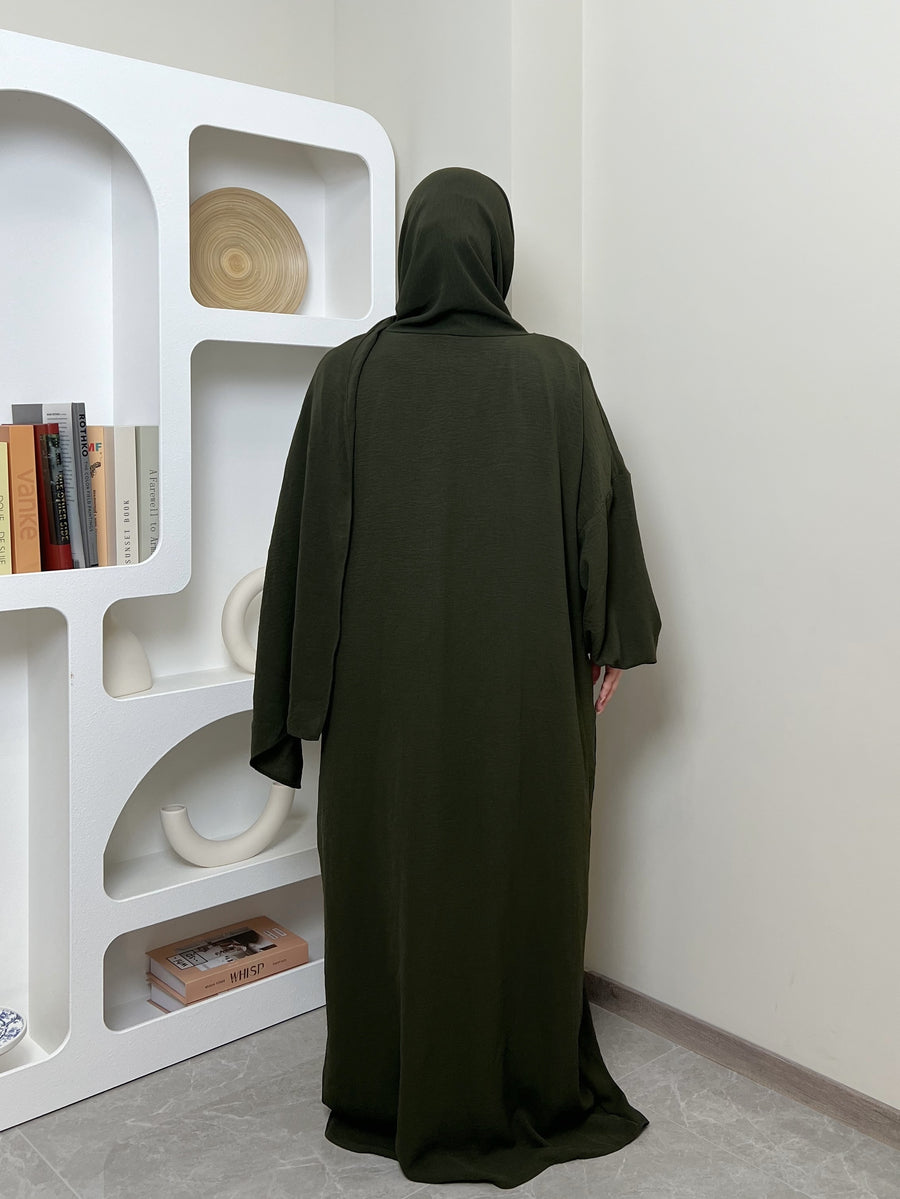 IRONFREE Elegant Crepe Hooded Abaya Hijab with Attached Scarf & Pockets - Modest Long Sleeve Full Coverage Prayer Dress, Machine Washable Medium Stretch Solid Color All-Season Traditional Muslim Women's Clothing, Muslim Clothes, Modest Apparel, Medium - fern green