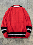 Autumn/Winter Men's New Casual Loose-Fit Simple Two-Tone Twisted Rope Pattern College Style Vintage American Streetwear V-Neck Fabric Long-Sleeve Pullover Top - Red