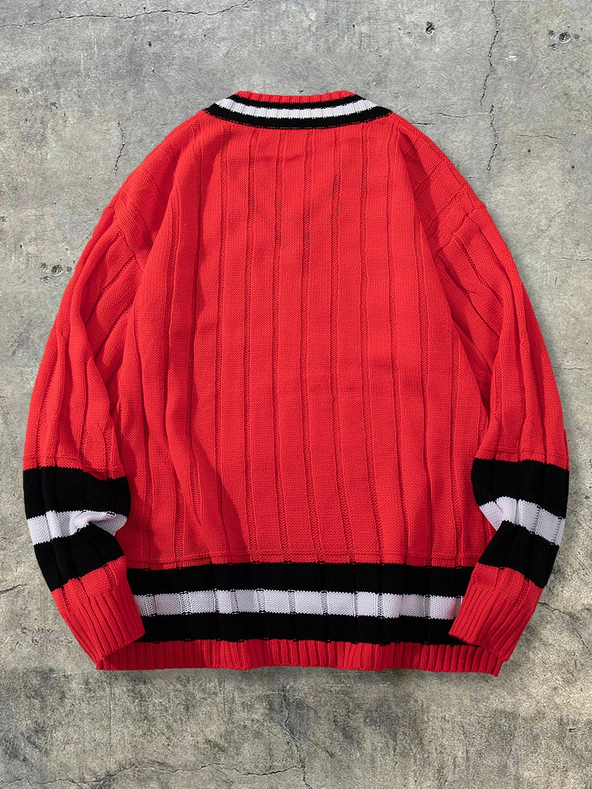 Autumn/Winter Men's New Casual Loose-Fit Simple Two-Tone Twisted Rope Pattern College Style Vintage American Streetwear V-Neck Fabric Long-Sleeve Pullover Top - Red