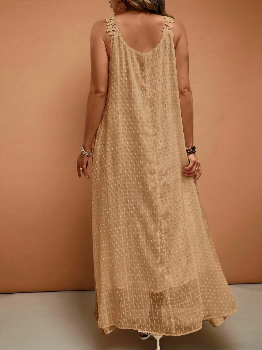Women'S Elegant Vacation V-Neck Lace Trim Solid Color French Style Dress, Wedding Guest Dress - Khaki