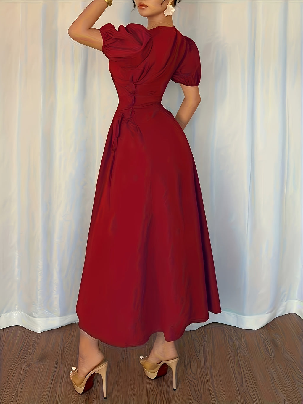 Elegant Daily Casual Solid Color Long Dress with Puff Sleeves, Pleated Detail, and Tie Belt, Suitable for Vacation, Banquets, and Parties, Slim Fit Elegant Dress, Summer Dress - Brick Red