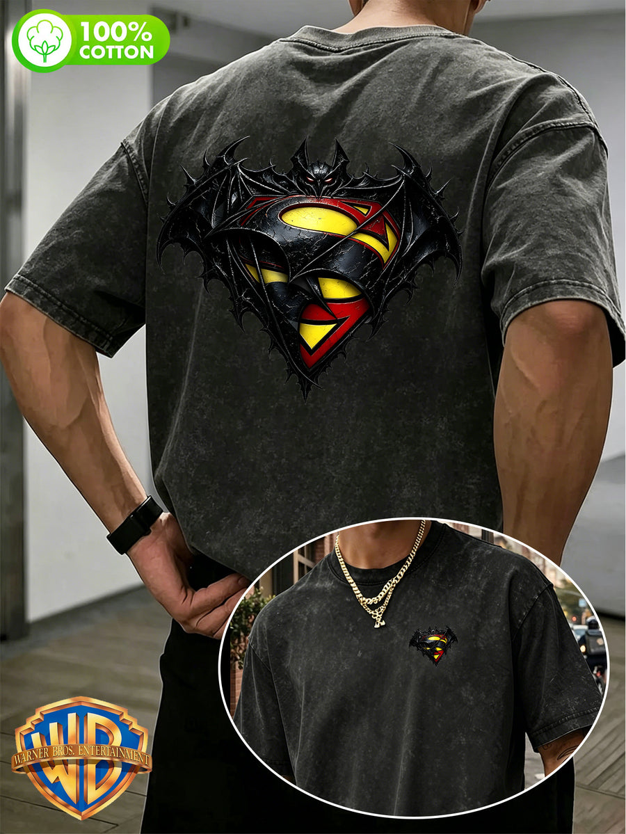 1pc, Men'S 100% Washed "Retro Washed DC Heroes Front And Back Print Pure Loose Casual Short Sleeve T-Shirt" Casual All-Match Loose Summer Round Neck Short Sleeve, Double-Sided Print - Suitable for Outdoor Sports, Gym, Daily Wear - Black