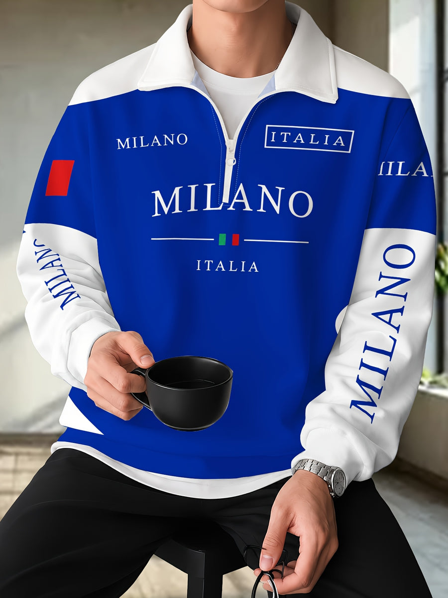 Men'S Half-Zip Lapel Sweatshirt Fashion Letter Print Casual Pullover Trendy Color-Block Patchwork Spring/Autumn Athletic Top Winter Clothes for Men - Mixed Color 8
