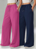 Autumn and Winter High-Waisted Casual Versatile Pants, Elastic Waist Loose Wide-Leg Pants 2pcs Set - Pink+blue