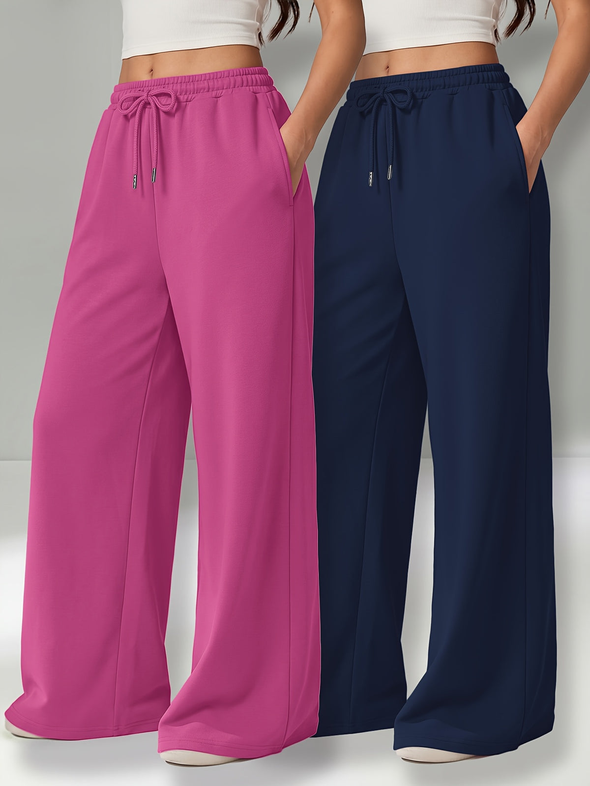 Autumn and Winter High-Waisted Casual Versatile Pants, Elastic Waist Loose Wide-Leg Pants 2pcs Set - Pink+blue