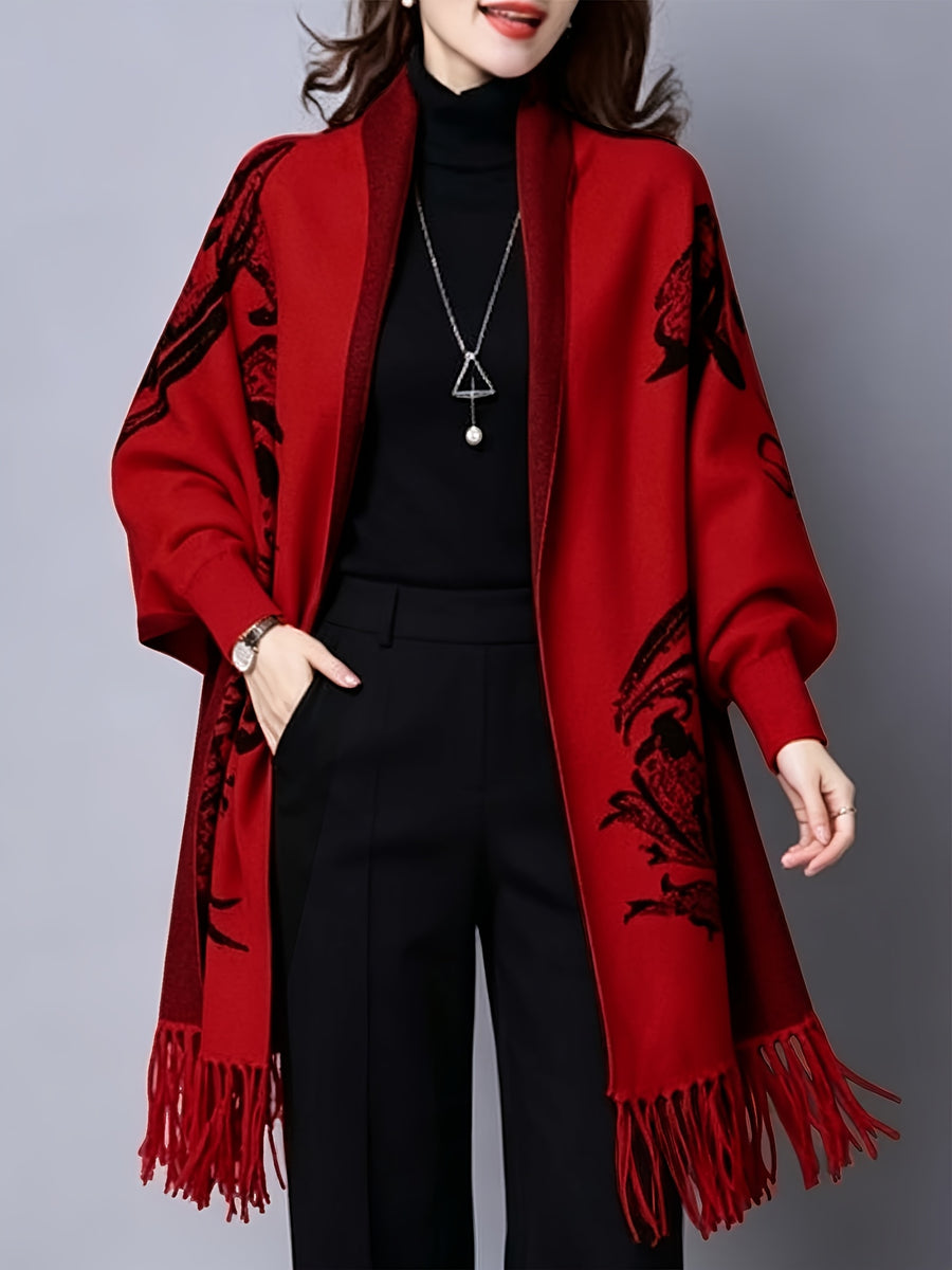 Pure Body Bust" Elegant Special Edition - 1pc Autumn/Winter New Arrival Women's Cardigan, Chinese Style Jacquard Color-Block Thickened Warm Windproof Batwing Sleeve Open Front Knitwear, Women's Elegant, Fashionable, and Versatile Fringe Shawl Sweater - Red