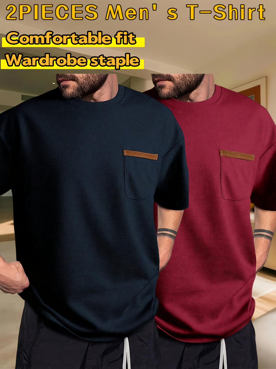 Men's Waffle-Knit Short Sleeve T-Shirt - Breathable Base Layer & Casual Round Neck Pocket Tee, Solid Color Suitable for Gym, Casual Attire, Machine Washable, Spring/Summer Layering Shirt, High-Fit Rate for Lifestyles - Navy Blue+Burgundy