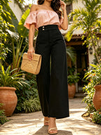Women'S High-Waist Wide-Leg Jeans Summer Casual Daily Relaxed Fit for Shopping Street Wear High Quality Elegant Long Trousers Double Button Solid Black Elastic Waist Comfy Denim Fabric - Black