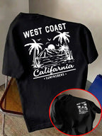 Men'S Casual T-Shirt, Fashionable Round Neck Short Sleeve, WEST COAST California Beach Surfing Pattern, All-Season Versatile, Durable Print Machine Washable Non-Fading, Commute, Streetwear, Campus, Couple Wear - Black