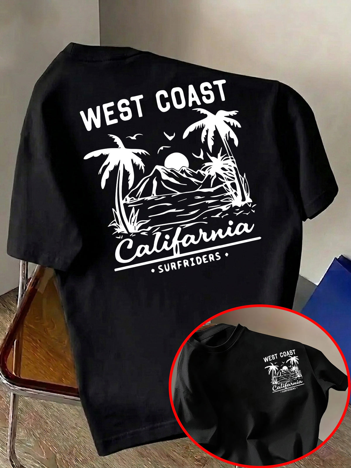 Men'S Casual T-Shirt, Fashionable Round Neck Short Sleeve, WEST COAST California Beach Surfing Pattern, All-Season Versatile, Durable Print Machine Washable Non-Fading, Commute, Streetwear, Campus, Couple Wear - Black