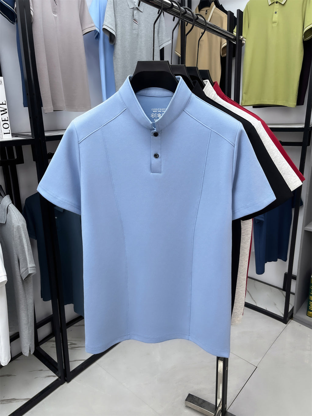 Men'S Stand-Up Collar Short-Sleeved T-Shirt, Men'S Retro High-End Summer New Shoulder-Padded Slimming Half-Sleeve Polo Shirt, Men'S Yao Can - Sky Blue