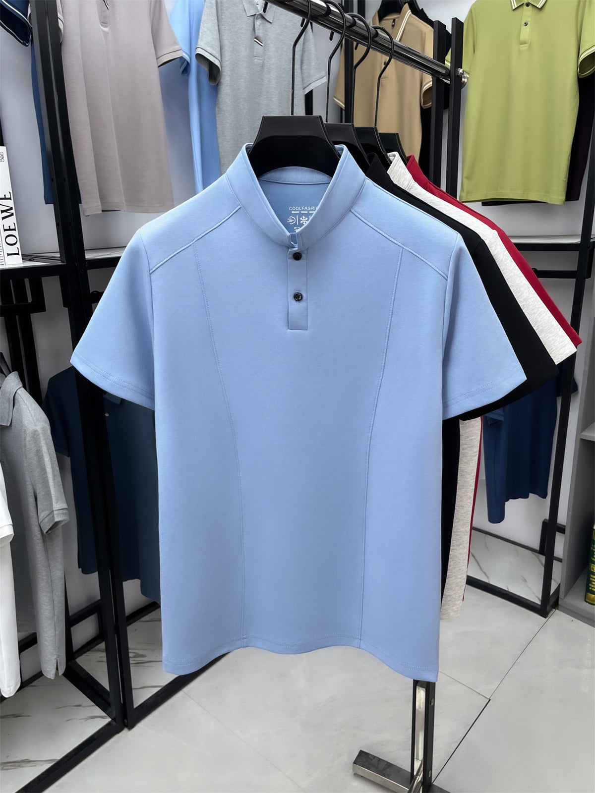 Men'S Stand-Up Collar Short-Sleeved T-Shirt, Men'S Retro High-End Summer New Shoulder-Padded Slimming Half-Sleeve Polo Shirt, Men'S Yao Can - Sky Blue