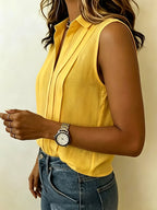 Pleated Design Statement Sleeveless Shirt, Women'S Lapel V-Neck Loose All-Match Summer Commute Top - Yellow