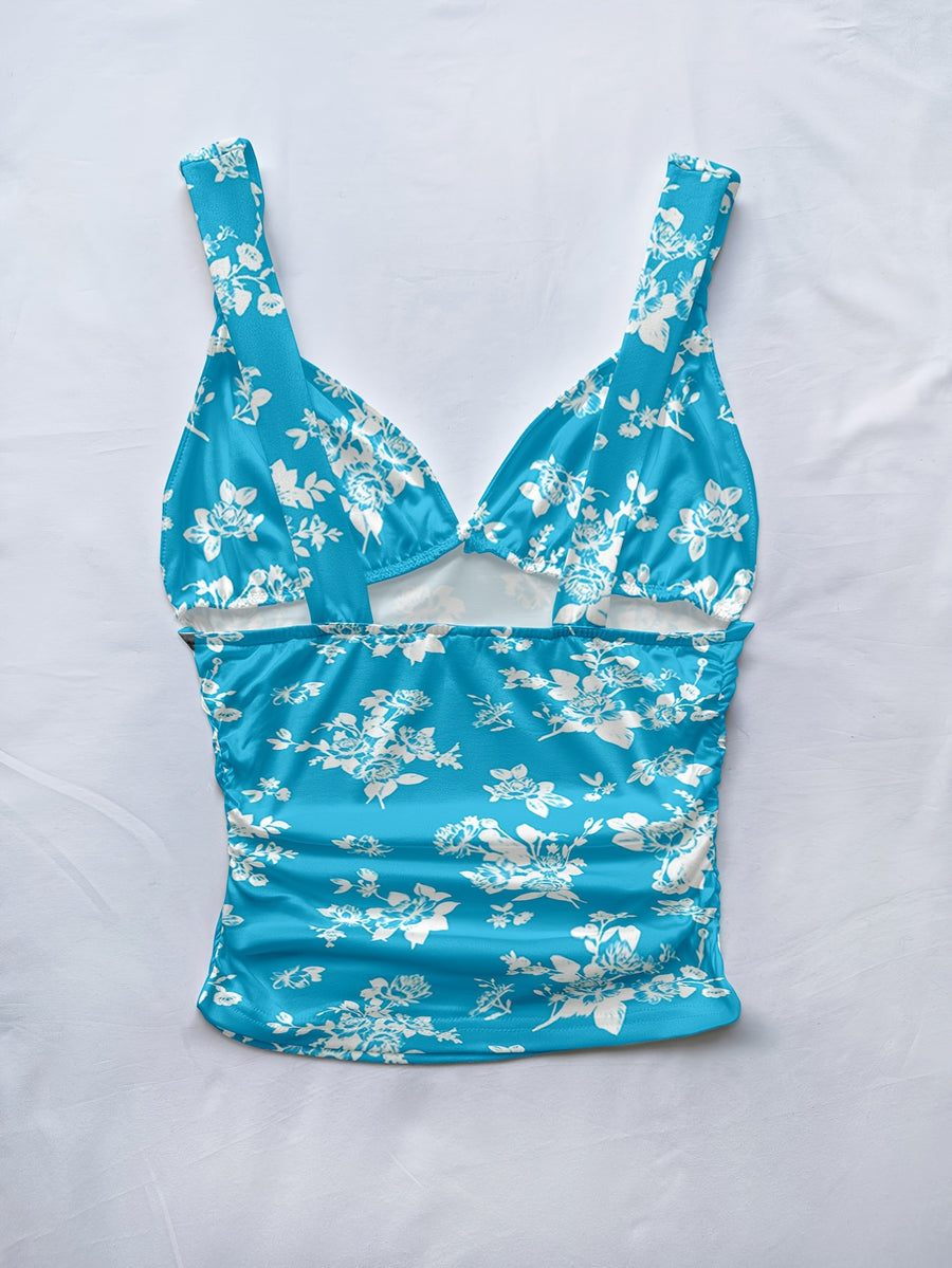 Women's Spring/summer New Hot Beach Tropical Vacation Outfits Casual Floral Slim Fit Bustier Halter Top - Deep Sky Blue