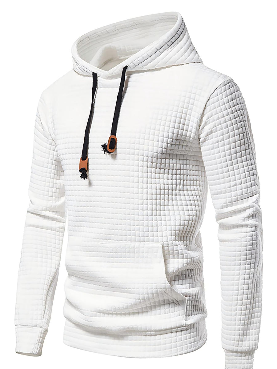 Waffle Pattern Solid Color Hoodie Men Cool Hoodie No Pocket Design Spring Autumn Men Casual Pullover Hooded Sweatshirt Street Trend Style Plus Size - White