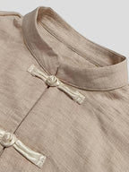 Spring Summer Easy Relaxed New Chinese Style Stand Collar Front Button-Up Long Sleeve Shirt - Khaki