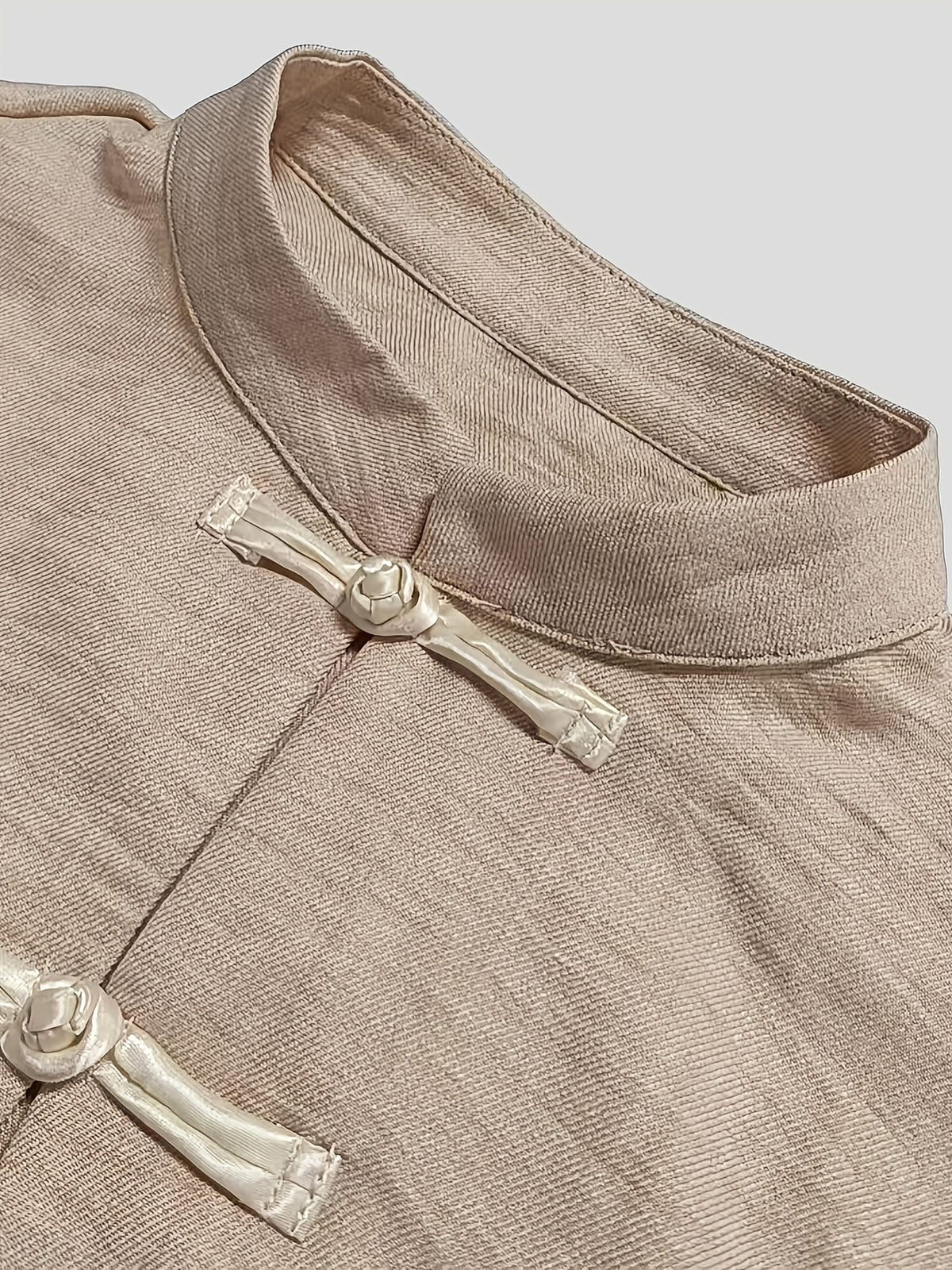 Spring Summer Easy Relaxed New Chinese Style Stand Collar Front Button-Up Long Sleeve Shirt - Khaki
