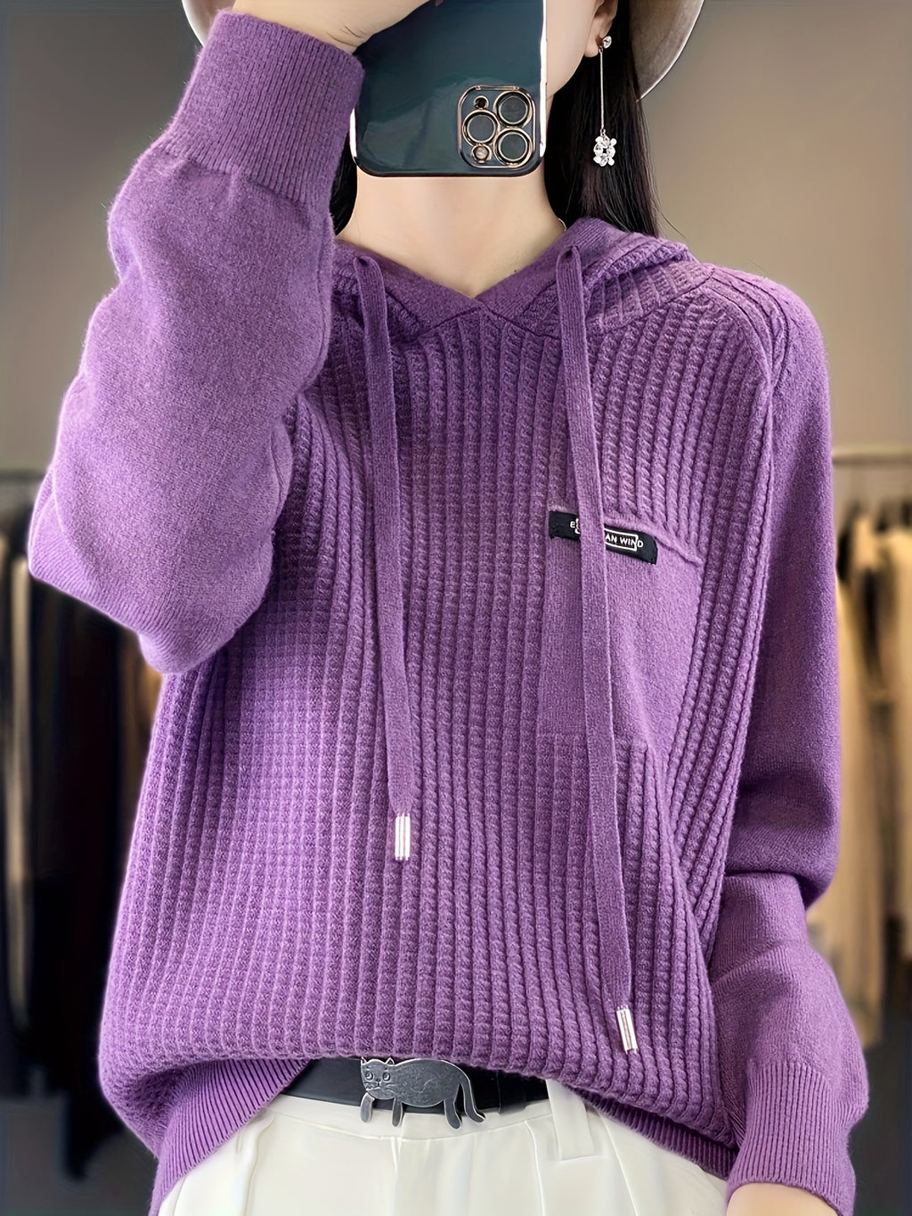 Women's Medium-weight Button-up Hooded Pullover Sweater, Solid Color Long Sleeves, Fashionable Casual Style - Purple