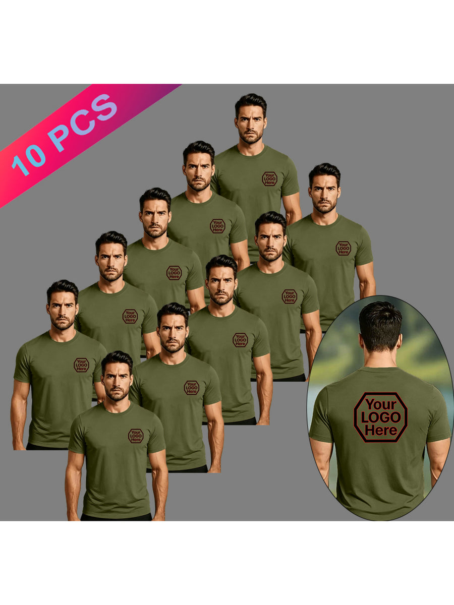 Custom Logo Printing Custom Cultural Shirt Commemorative Shirt, Men'S Fashion Casual Quick-Dry T-Shirt Short Sleeve Four Seasons Base Shirt Ten-Piece Set, Front And Rear Point Custom Printing Left Chest Small Printing Back Large Printing - Military Green