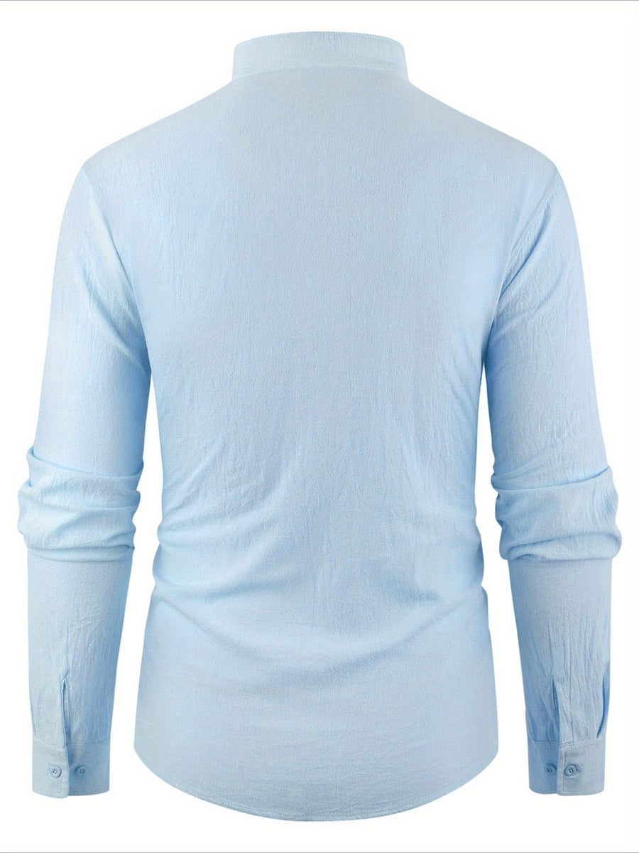 Men'S Casual Shirt Spring Summer Solid Color Dress Shirt Stand Collar Casual Lightweight Shirt Men'S Top - Sky Blue