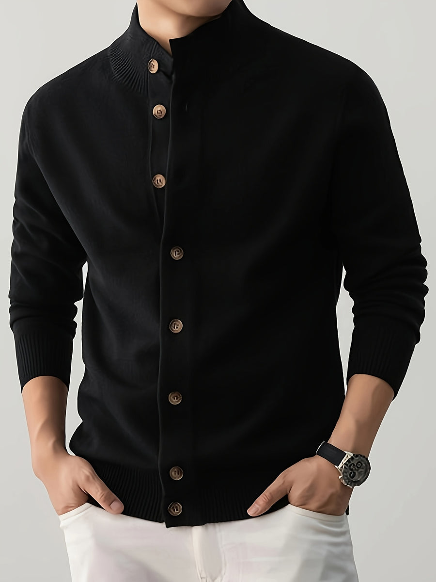 Easy Style Men'S Button-Up Knit Jacket, High-Neck Casual Sweater Coat, Fabric: 45% Acrylic, 26.9%, 22.7% Nylon, 5.4% Velvet Velvet; Stretchy Soft Sweater Outerwear, Suitable for Office And Street Casual Wear - Black