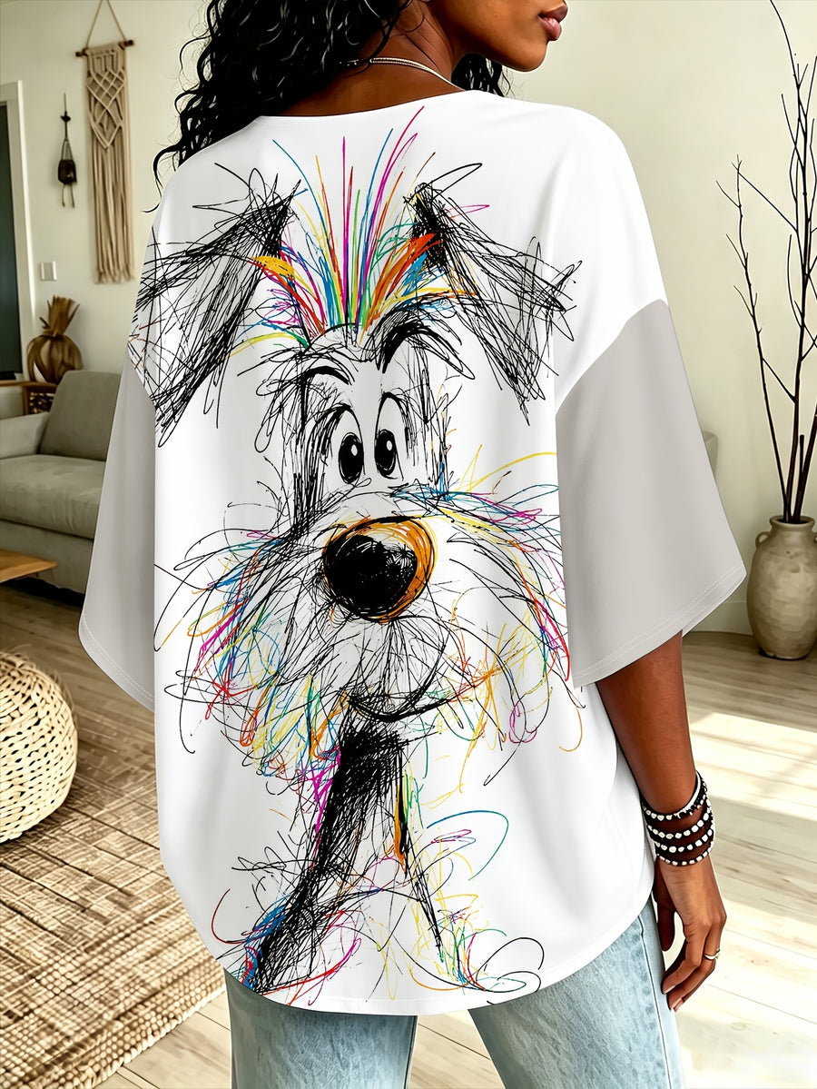 Plus Size Women'S Top, White with Multicolor Graffiti Puppy Pattern, Loose Off-Shoulder Sleeve Design, Fun Graffiti Dog Sweatshirt - White