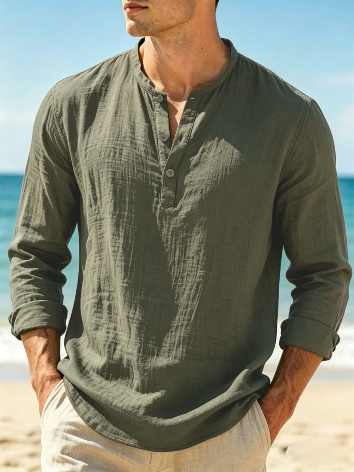 Spring/Summer Lightweight Cotton-Linen Henry Long-Sleeve Shirt for Men, Half-Open Placket Stand Collar Solid Color Top, Soft and Comfortable Casual Shirt for Daily Outings, Autumn Menswear - Green