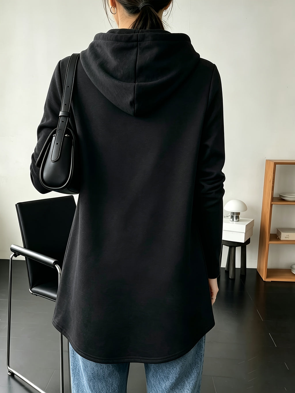 Women's Mid-Length Hooded Sweatshirt, Loose Fit, Hip-Covering, Letter Print, Drawstring Pullover Top - Black