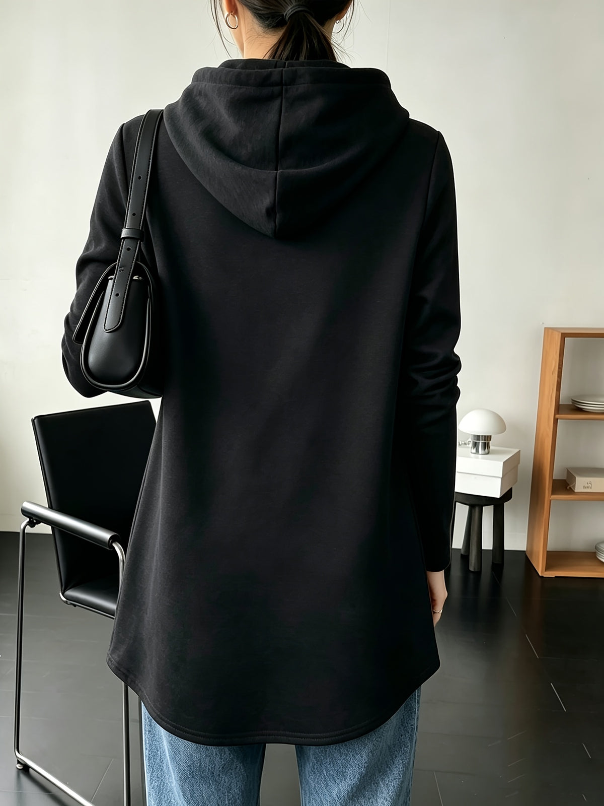 Women's Mid-Length Hooded Sweatshirt, Loose Fit, Hip-Covering, Letter Print, Drawstring Pullover Top - Black