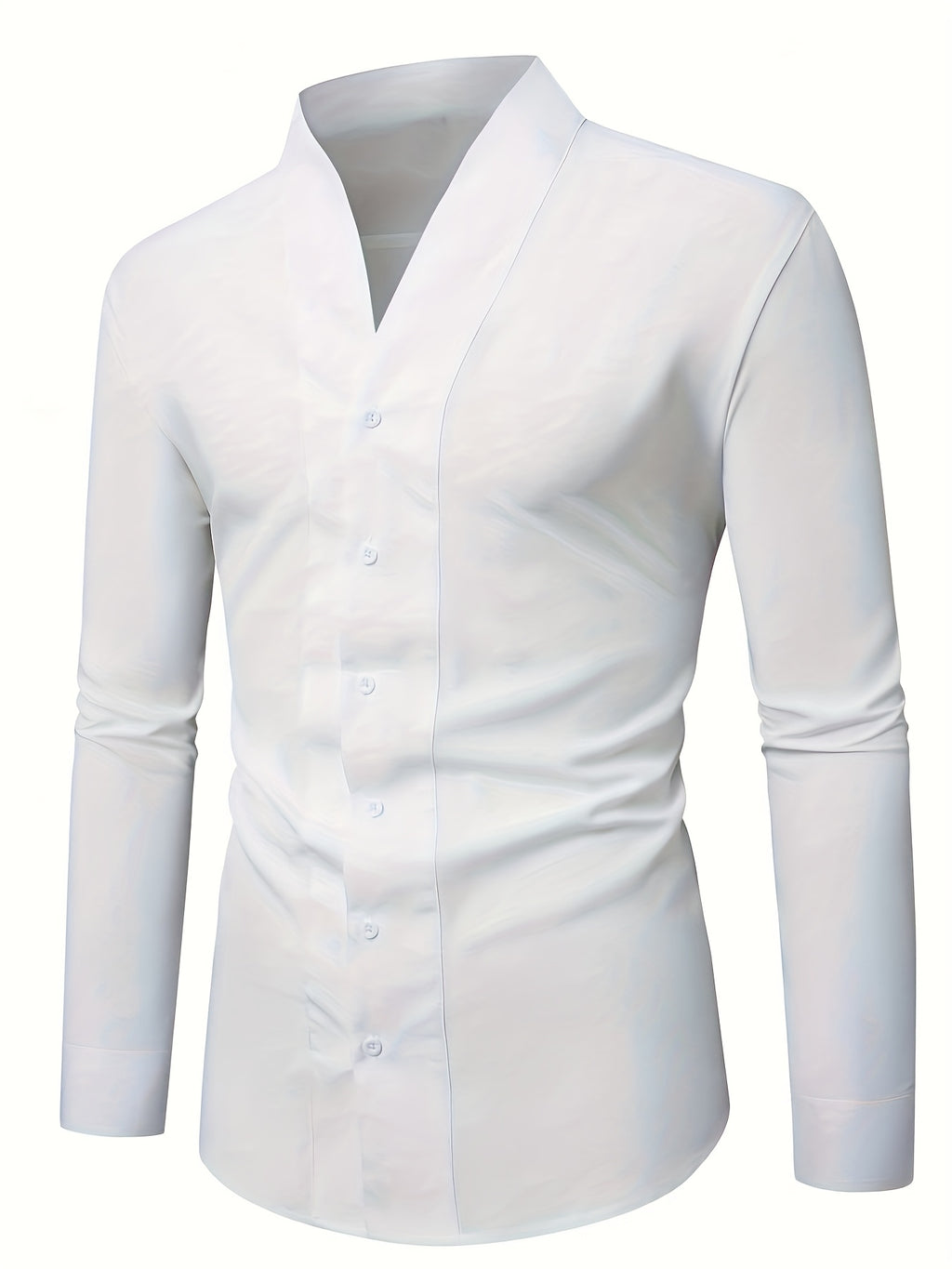 Men'S Solid Color V-Neck Shirt Casual Business Formal Shirt Slim Fit Long-Sleeved Social Party Shirt, Soft And Skin-Friendly Fabric, Suitable for Wearing in All 4 Seasons, Autumn, Stretchy, Office, Button - White