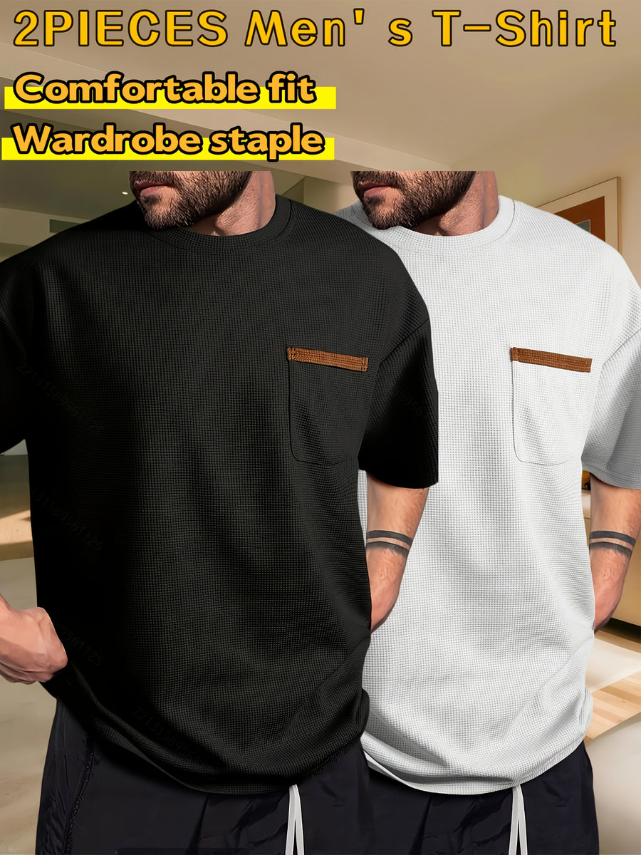 Men's Waffle-Knit Short Sleeve T-Shirt - Breathable Base Layer & Casual Round Neck Pocket Tee, Solid Color Suitable for Gym, Casual Attire, Machine Washable, Spring/Summer Layering Shirt, High-Fit Rate for Lifestyles - Black+Light Grey