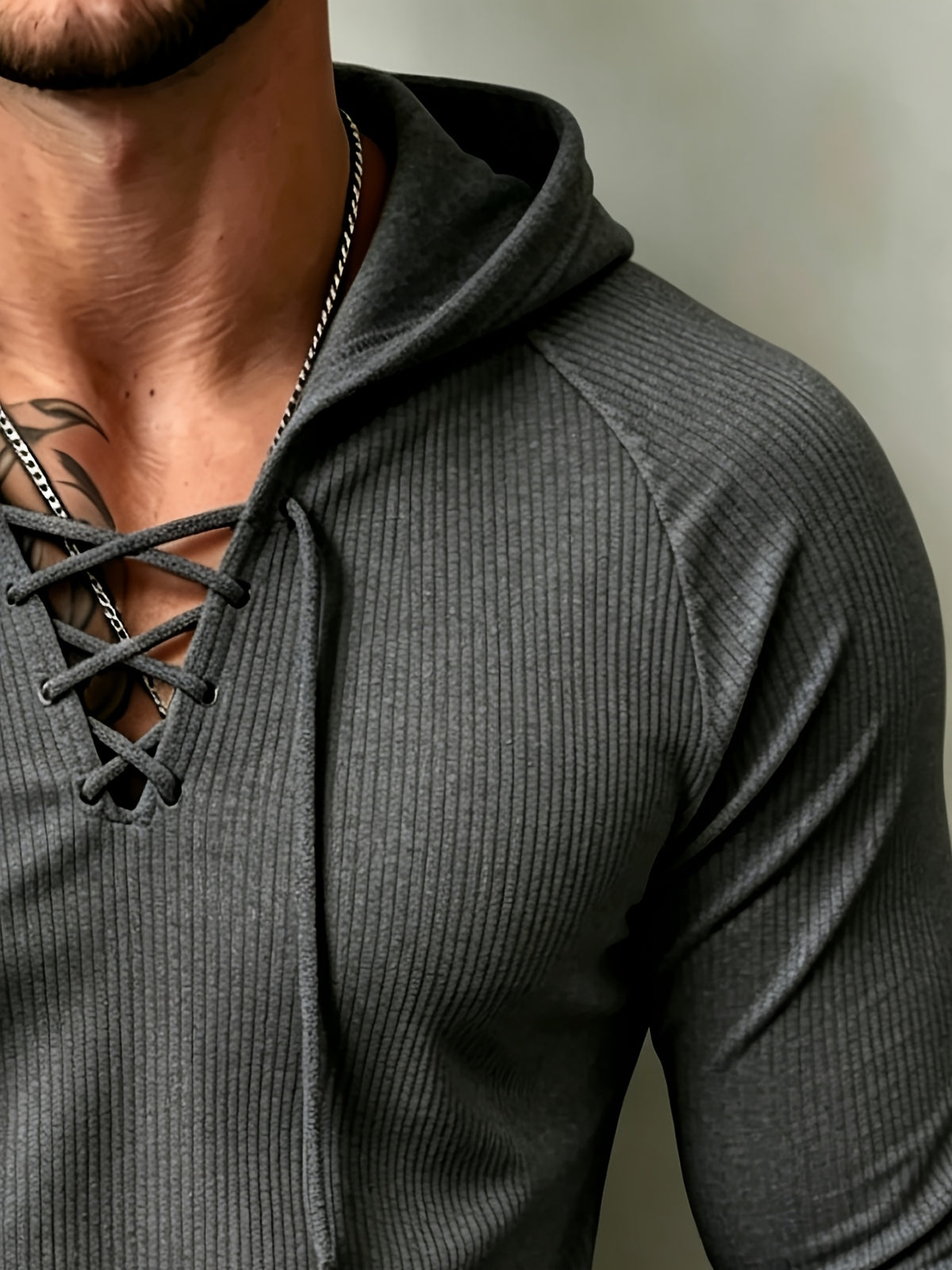 [Josh Mei OBM] Men'S Ribbed Drawstring Hoodie - Slim Fit Long Sleeve Pullover, with Adjustable Hood And Stretchy Fabric, Perfect for Casual Wear - Dark Gray
