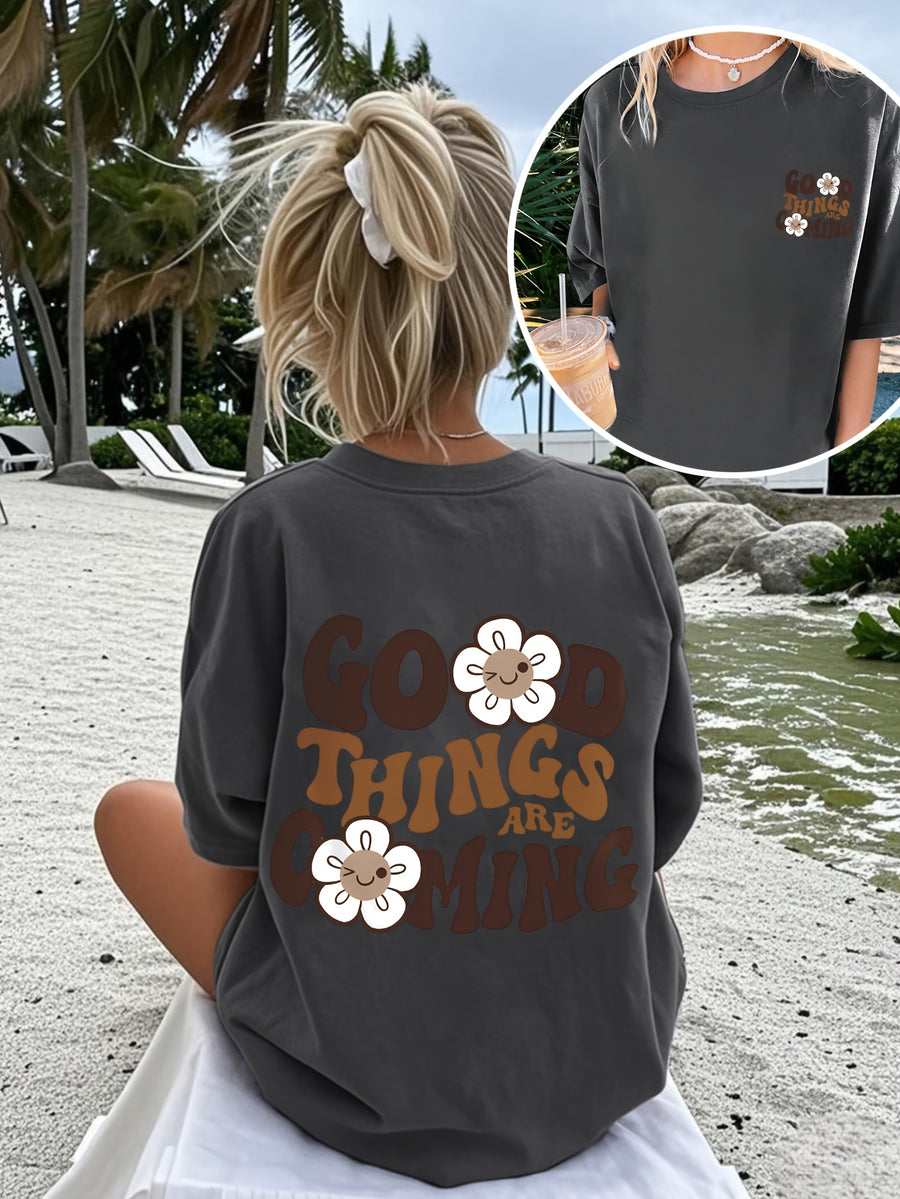 2026 Fashion New Women'S Round Neck English Letter Floral Print Fashion Short Sleeve Summer Casual T-Shirt - Dark Gray