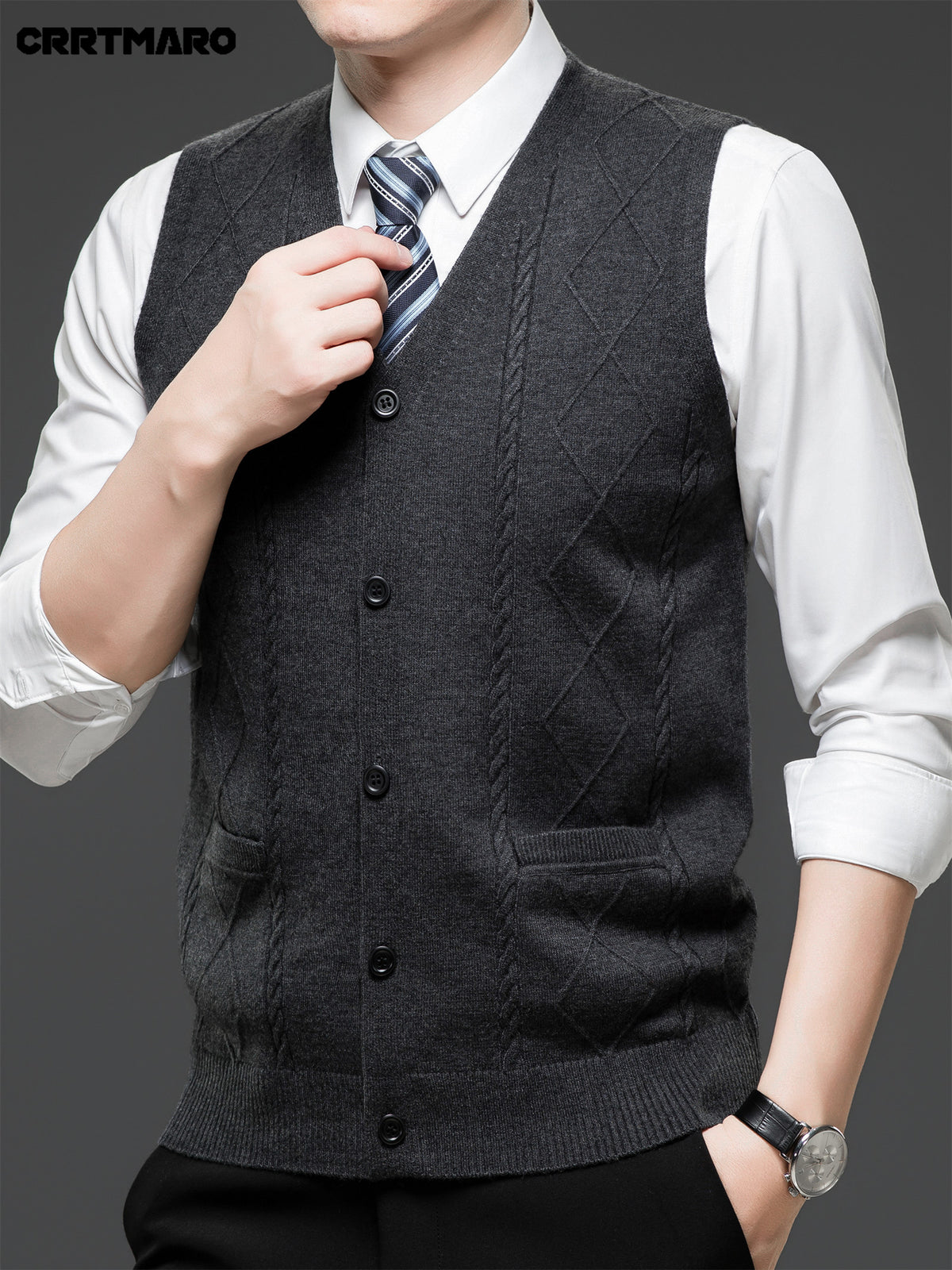 Men's Jacquard, Solid Color Knit Cardigan, Warm Casual Layering Top for Fall and Winter - Dark Gray